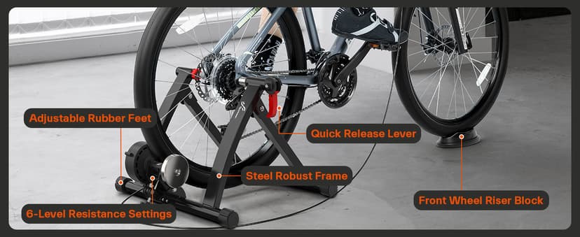 Sportneer Bike Trainer - Magnetic Stationary Bike Stand for 26-28" & 700C Wheels - Adjustable 6 Level Resistance Bike Trainer Stand for Indoor Riding with Quick Release Lever & Front Wheel Riser Block