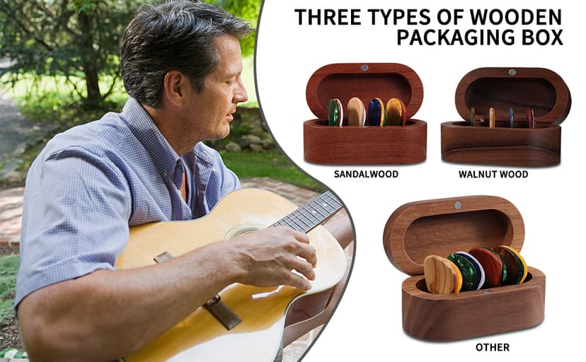 Walnut Guitar Plectrum Holder Set with 2 Color Wood Plectrums and 8 Celluloid Plectrums (4 Thicknesses),Mini Jewelry Box,Brown Wooden Trinkets,Box Size 3.35 * 1.77 * 1.57 inch (Wood color)