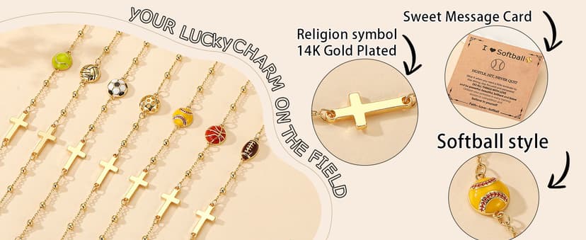 Softball/Volleyball/Soccer/Basketball Football Bracelet for Girls Women, 14K Gold Plated Cross Link Chain Sport Accessories Christian Jewelry Gifts for Teens Team Coach Players B0FSKVMR16