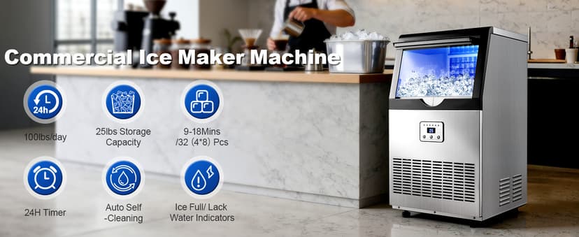 Amzgachfktch Commercial Ice Maker, 100lbs/24H Ice Maker Machine, Auto Self-Cleaning, LED Digital Display, Blue Light, Under Counter/Freestanding Ice Machine for Home/Office/Restaurant/Bar