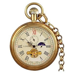 VIGOROSO Men's Vintage Full Copper Hand-Wind Mechanical Second&24hours Sub-dials Pocket Watch in Box