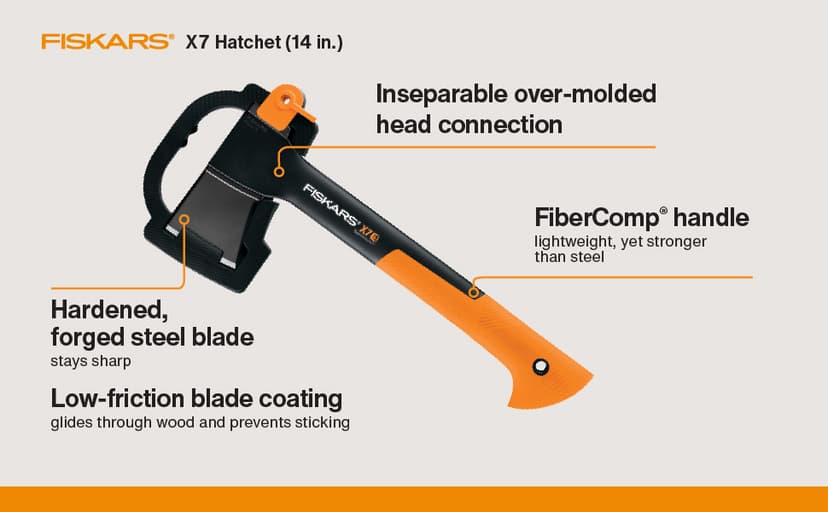 Fiskars X7 Small 14" Hatchet Axe with Sheath for Chopping Wood Kindling for Campfires, Outdoors & Camping, Insert-Molded Forged Steel Head, Low-Friction Blade, Shock Absorbing Handle & Non-Slip Grip