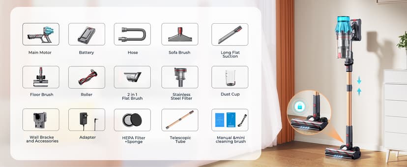 Cordless Vacuum Cleaner 600W/50Kpa, Stick Vacuum Cleaners 65 Mins Max Runtime with Charging Dock, Self-Standing Handheld Vacuum with Touch Display, 6-in-1 Vacuum Cleaner for Carpet/Hard Floor/Pet Hair