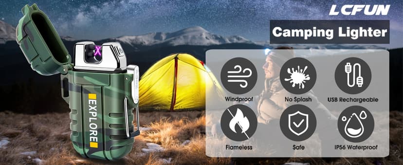 LcFun LcFun Waterproof Electric Dual Arc Lighter USB Rechargeable Outdoor Windproof Flameless Plasma Lighters for Camping, Hiking, Adventure, Survival Tactical Gear Stocking Stuffers Gifts for Men