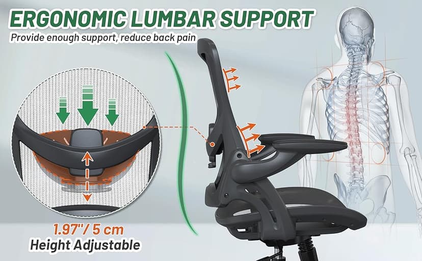 Ergonomic Comfy Mesh Home Office Computer Desk Chair with Height Adjustable Lumbar Support with Flip up Arms for Adult