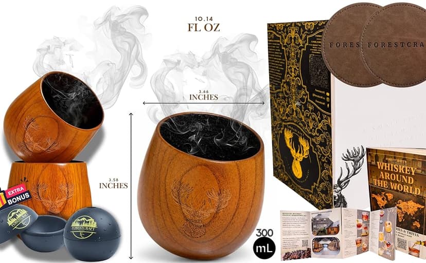 Charred Wooden Whiskey Glass Gift Set of 1 – Jujube Wood Bourbon Drinking Cup, Handmade Whiskey Tumbler with Coaster, Ice Mold & Book, Gift for Whiskey Lovers (10oz) B0H1JQVT46