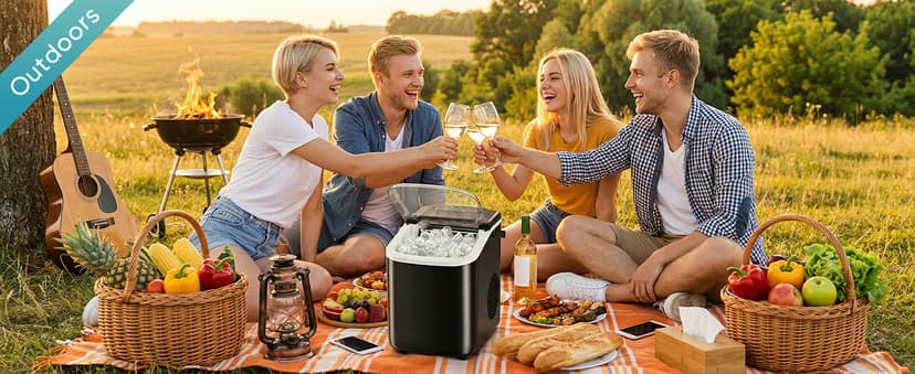 DUMOS Ice Maker Countertop, Ice Machine with Portable Handle, Basket and Scoop, 26lbs Daily, 9 Bullet Cubes in 6~8 Mins, Auto-Cleaning for Home, Kitchen, Office, Outdoors, RV Camping