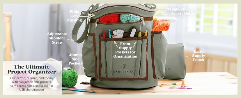 Hearth & Harbor Crochet Bag Organizer – Durable Knitting Bag, Yarn Organizer for Crochet Accessories and Supplies, Canvas Yarn Bag, Crochet Organizer with Accessories Case, Yarn Storage Organizer
