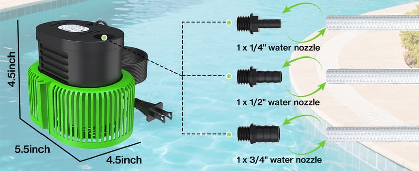 Pool Cover Pump above Ground - Submersible Water Sump Pump Swimming Water Removal Pumps, with Drainage Hose & 25 Feet Extra Long Power Cord, 850 GPH inGround, 3 Adapters