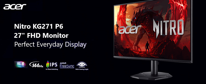 Acer Nitro 27” Gaming Monitor | Full HD 1920 x 1080 | IPS | ZeroFrame | AMD FreeSync | 144Hz Refresh Rate | 1ms (VRB) | sRGB 99% | 1 x Display Port 1.2 and 1 x HDMI 1.4 | KG271 P6bip