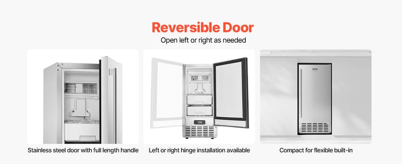 VEVOR Under Counter Ice Maker, 66 Lbs/Day Under Counter Stainless Steel Nugget Ice Makers Machine with Drain Pump, Reversible Door, 18 Lbs Storage, Freestanding Ice Maker for Commercial Home Kitchen