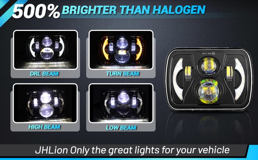 5x7 LED Headlight,JHLion Anti-glare H6054 5x7 7x6 Led Headlights,180W DOT Approved 600% Brighter w/DRL Amber Turn Signal Hi/Low Sealed Beam Compatible with Jeep Cherokee XJ Wrangler YJ GMC Comanche MJ