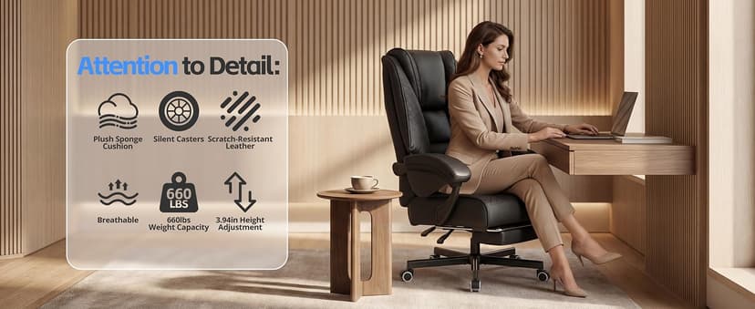 Ergonomic Executive Office Chair - Big and Tall Home Comfy Desk Gaming Chair for Adults, Heavy Duty Leather Reclining Wide Computer Chair with Foot Rest and Back Support (Black)