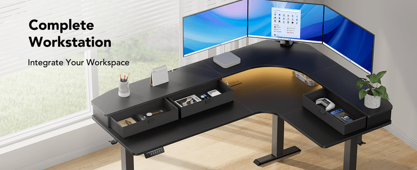 HUANUO 65″ L-Shaped Standing Desk with Power Outlets & LED Strip, Electric Height Adjustable Corner Computer Desk, Sit Stand Up Desk with 3 Drawers, Black