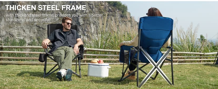 EVER ADVANCED Oversized Folding Camping Chair for Adults with Adjustable Lumbar Support, Heavy Duty Chair with Side Pockets, Portable Collapsible Quad Chair for Outside
