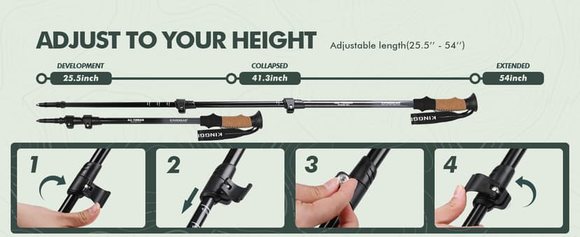 KINGGEAR Nordic Walking Stick, TP1 Hiking Poles Retractable Lightweight 7075 Aluminum, Trekking Poles with Flip Lock, Natural Cork and EVA Grip, 2pc Hiking Gear