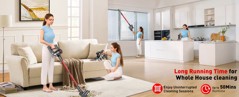 Cordless Vacuum Cleaner, 45KPA 8-in-1 Vacuum Cleaners for Home, 50Mins Runtime, Anti-Tangle Stick Vacuum with LED Display, Rechargeable Lightweight Vacuum for Pet Hair/Carpet/Floor (Red) (Red)