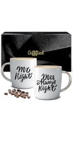 Triple Gifffted Mr Right Mrs Always Right Coffee Mugs Gifts Ideas for Couples, Wedding Anniversary, Engagement, Christmas, His & Hers, Bride and Groom, Parents, Newlyweds Bridal Shower, Ceramic 380ml