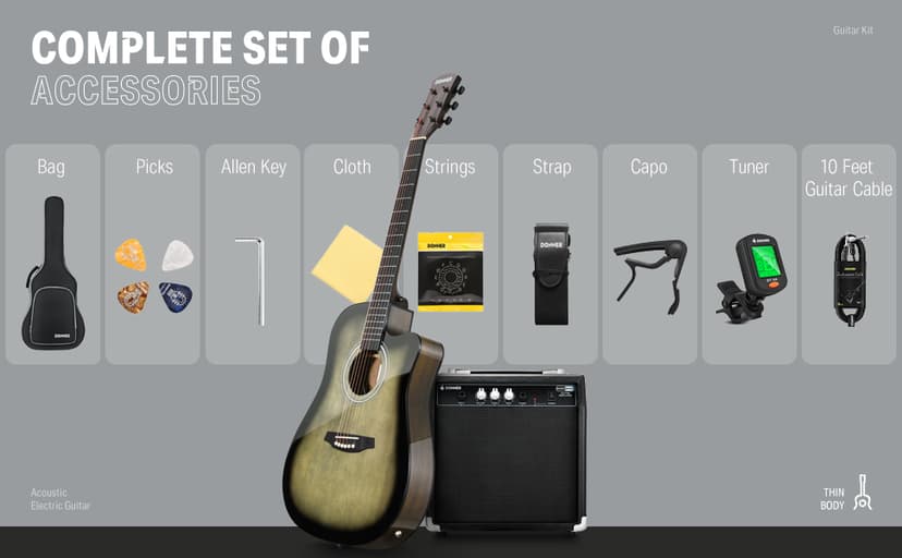 Donner Acoustic Electric Guitar Full Size Kit for Beginner Intermediate with Amplifier Capo Pick Tuner Strings Strap - 41 Inch