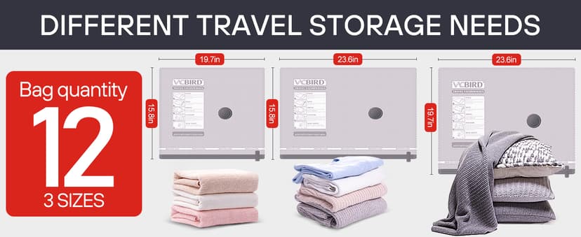 VMstr 12 Pack Vacuum Seal Bags for Clothing Travel, Carry-on Size for Luggage Compression Packing, Space Saver Bags with High Pressure Electric Pump (DC Power)