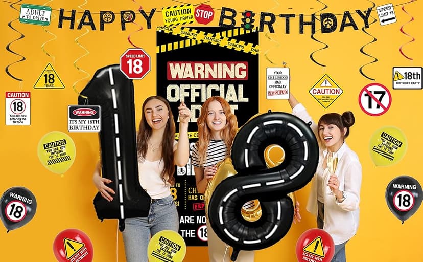 Roetyce 18th Birthday Decorations for Boys Girls, Caution Logos Happy 18th Birthday Banner Backdrop Balloons Hanging Swirls Kit, 18 Years Old Party Yard Door Wall Cover Background