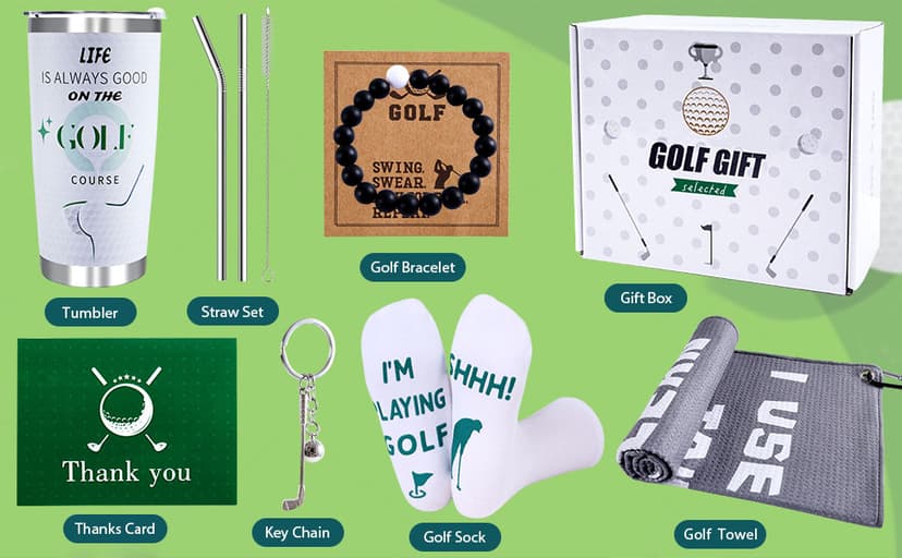 Golf Gifts for Men - 9PC Set: Tumbler, Towel, Socks, Key Chain, Bracelet, Thanks Card; Gift Box; Perfect for Golfer, Dad, Christmas