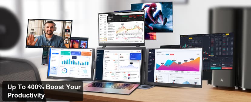 16" Triple Screen Portable Monitor for Laptop, FHD 1200P Laptop Screen Extender, 1 Cable for 3 Screens Quad Monitor, Extra Travel Computer Monitor for 12-18.5" Laptop, Fit for Win and Mac-S788 Pro