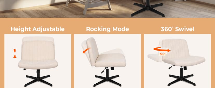 NEO CHAIR Criss Cross Chair No Wheels Armless Cross Legged Office Desk Wide Comfy Vanity Makeup Chair Adjustable Computer Task for Home Office Fabric (Beige)