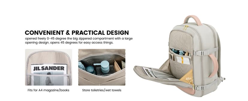 LOVEVOOK Travel Backpack For Women, 40L Carry On Backpack Flight Approved, TSA Personal Item Travel Bag Fits 17 Inch Laptop, Business Weekender Overnight Waterproof Daypack With 2 Cubes, Grey-Pink