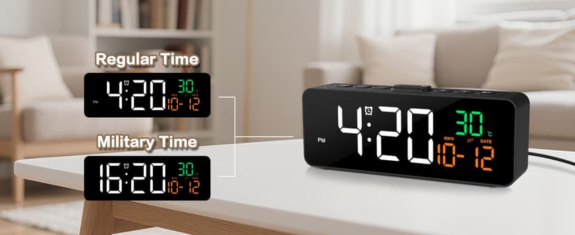 Netzu 3-in-1 Digital Clocks for Living Room with Temperature, Date & Time Display - 4 Levels Birghtness, 3 Volumes, Small & Compact Plug-in Alarm Clock for Bedroom, Office (Black)