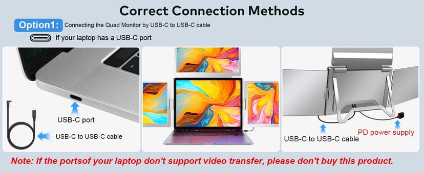 16" Laptop Screen Extender Monitor Portable, Quad Monitor, Just 1 Cable for 3 Screens, FHD 1200P IPS Laptop Extender Compatible with Wins/Mac for 13.6" - 18.5" Laptops