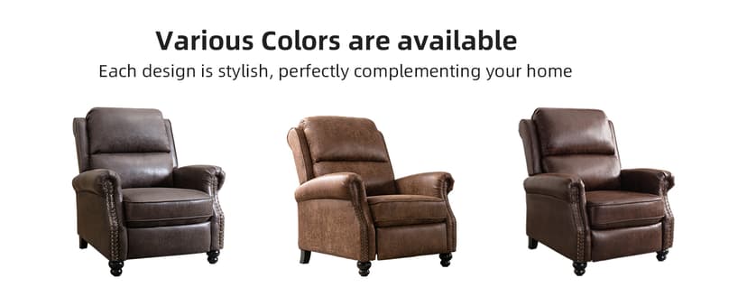 IOMOR Push Back Recliner Chair Faux Leather Lounge Armchair with Rivet Decoration Wingback Single Sofa Chair with Padded Seat Solid Wood Legs for Living Room, Chocolate