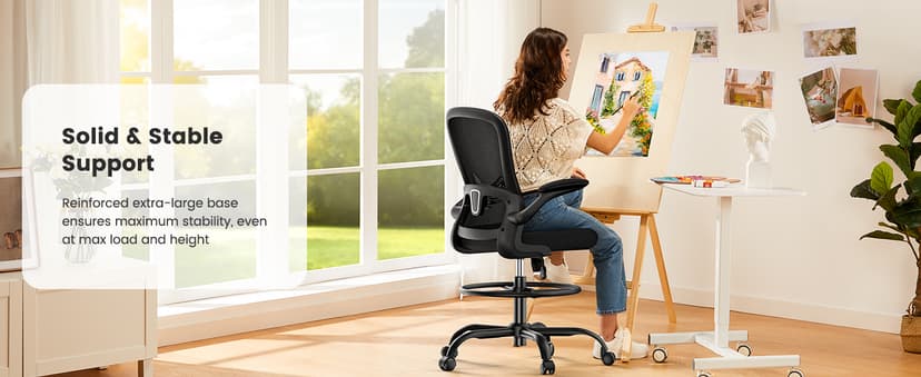 ErGear Drafting Chair, Standing Desk Chair with Flip-Up Armrests, High Desk Chair Adjustable Height, Ergonomic Tall Office Chair with Lumbar Support and Adjustable Footrest Ring