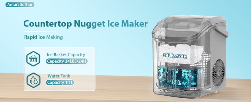 Antarctic Star Countertop Ice Maker with Soft Chewable Pellet Ice, 34lbs/24Hrs, One-Click Operation, Self-Cleaning Portable Peddle Ice Machine with Ice Scoop for Kitchen,Office,Bar,RV (Grey)