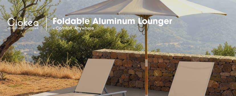 Ciokea Foldable Outdoor Lounge Chair, No Assembly Patio Chaise Lounge Outdoor with 5-Positions, Aluminum Pool Lounge Chair with Portable Design for Pool, Beach, Deck, Backyard, Khaki