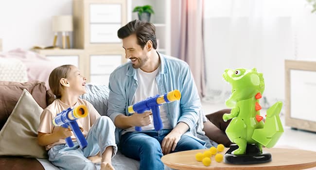 EagleStone Dinosaur Shooting Toys for Boys 5 6 7 8 9 Years Old, Electronic Kids Target Games w/ Air Pump Gun, LCD Score Record, Sound, 24 Foam Balls, Birthday Party Favor,Christmas Gifts for Toddlers