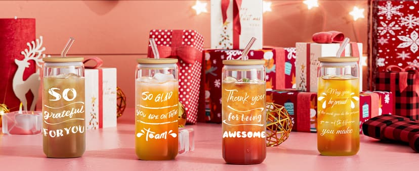 12 Set Employee Appreciation Gifts, Inspirational Thank You Gift for Team, Teacher, Nurse, Coworkers, Employees, Staff - Employee Christmas Gifts, 20oz Glass Cups with Lids and Straws (Mixed)