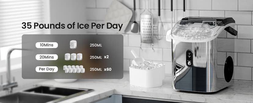 Kismile Nugget Ice Makers Countertop,35Lbs/24H,Portable Sonic Ice Machine with Self-Cleaning,One-Click Operation for Home/Office(Stainless Steels Silver)