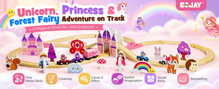 Pink Train Track Set Fairy Theme with Multiple Layouts, Birthday Gift Toys for Girls 3 4 5 6 Year Old Wooden Train Set Electric, 50 PCS Unicorn Princess Wood Track for Girls B0HDSGBW7S