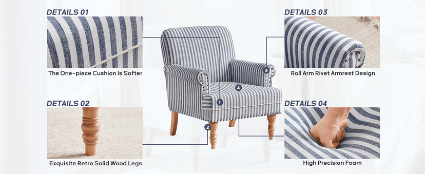 HUIMO Linen Fabric Accent Chair, Mid-Century Modern Armchair with Solid Wood Legs, Single Sofa Chair,Upholstered Reading Club Chair (1, Dark Blue and White Stripe)