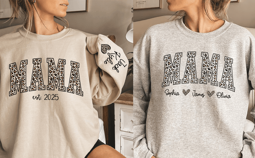 GODMERCH Custom Leopard Mama Sweatshirt With Kid Name On Sleeve, Personalized Mom Sweatshirts, Mama Est 2025 Sweatshirt, Personalized Gifts for Mom Grandma, Christmas Shirts