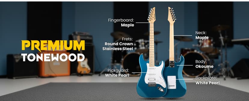 CAHAYA Electric Guitar Set Beginner - 39in Starter Guitar Kit with HSS Pickup Solid Okoume Body Electric Guitar Adults with Amplifier Gig Bag Strap Picks Strings Cable Blue