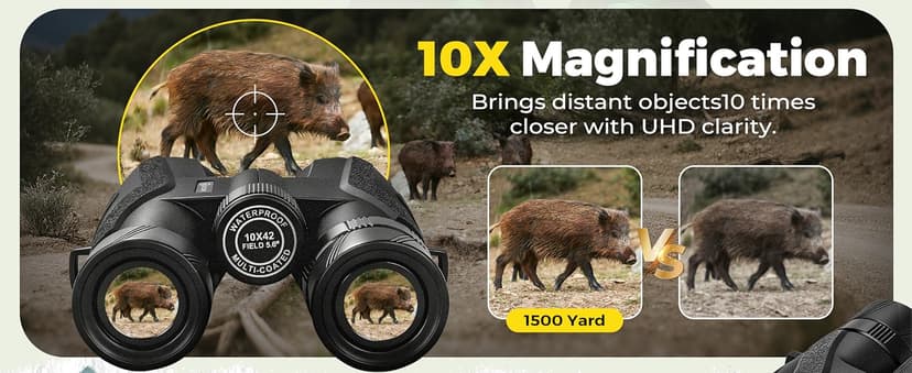 10x42 UHD Binoculars for Adults High Powered Waterproof Large View with Clear Vision & Compact Binocular Essentials for Hunting Camping Cruise Travel Bird Watching Sports