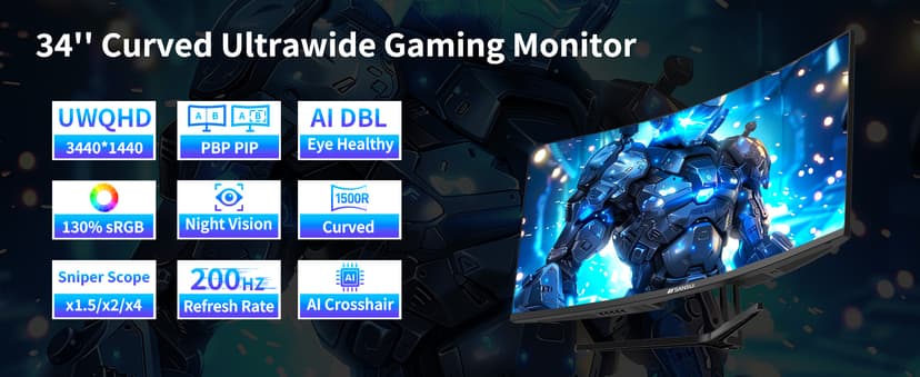 SANSUI 34-Inch Curved Gaming Monitor UWQHD 3440 x 1440P Up to 200Hz 165Hz Curved 1500R - PIP/PBP, OD 1ms, HDR, 300nits, sRGB 130%, DCI-P3 97%,AI Crosshair,HDMI2.1x2,DP1.4(Cable Included)