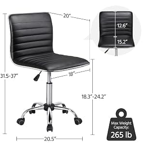 Yaheetech Adjustable Task Chair PU Leather Low Back Ribbed Armless Swivel Black Desk Chair Office Chair Wheels