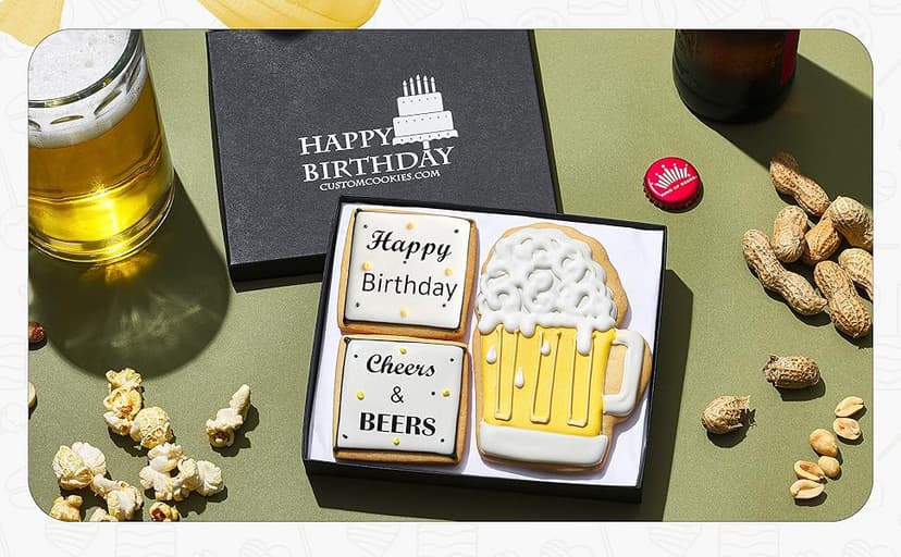 Happy Birthday Gift Basket Custom Sugar Cookies - Happy Birthday Cookies in Gift Box, delivery by Prime - Hand Decorated Kosher Treats for Men, Him, Husband - Bakery & Dessert Gifts as a Birthday Cake