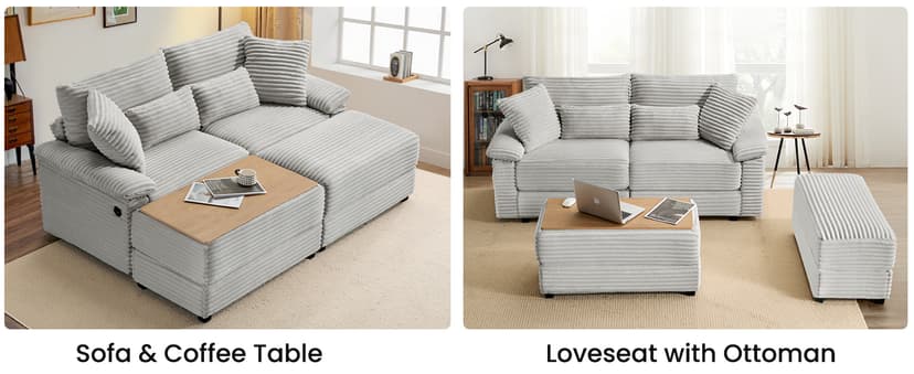 SUNWAVE 74" W Double Chaise Lounge Chair Indoor, Oversized Loveseat with Storage Ottoman, Corduroy Couch with USB Charging, Removable Ottoman, and Coffee Table Cushions for Living Room Bedroom