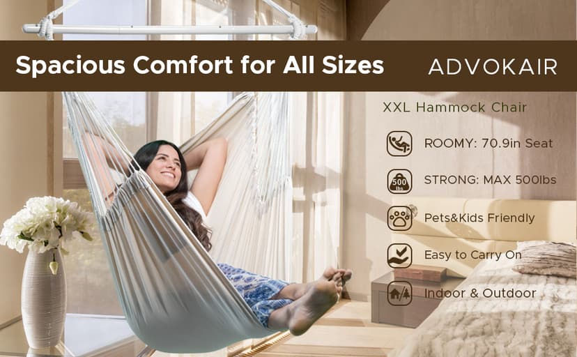 ADVOKAIR Hammock Chair Large 70.9"x47.2", 32% Bigger XXL Hanging Swing Chair with 500lbs Capacity, Heavy Duty Steel Spreader Bar, Extra Roomy Comfort for Adult Indoor Outdoor Bedroom Patio