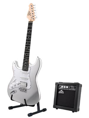 EASTROCK 39 inch Full-Size Electric Guitar Kit for Beginner Starter with 10w Amp, Bag, Capo, Shoulder Strap, String, Cable, Picks.(39" Left Handed, Silver Gray) Not Contain a Battery