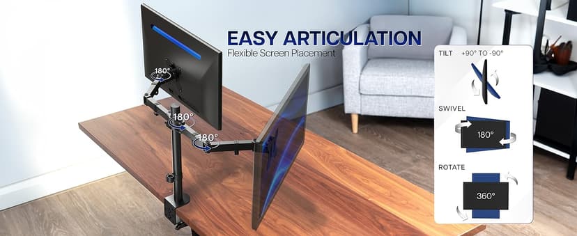 VIVO Dual Monitor Desk Mount, Holds 2 Computer Screens up to 30 inches and 22lbs Each, Heavy Duty Fully Adjustable Steel Stand with C-Clamp and Grommet, Black, STAND-V002